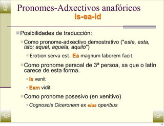 ☝ Pronomes-Adxectivos anafóricos
                                  is-ea-id

    n Posibilidades de traducción:
     n Como  pronome-adxectivo demostrativo ("este, esta,
       isto; aquel, aquela, aquilo")
        n Erotion      serva est. Ea magnum laborem facit
     n Como pronome persoal de 3ª persoa, xa que o latín
       carece de esta forma.
        n   Is venit
        n   Eam vidit
     n Como      pronome posesivo (en xenitivo)
        n   Cognoscis Ciceronem ex eius operibus

☜                                                            ☞
                                                             10
 