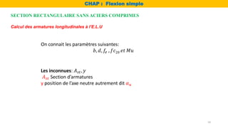 On connait les paramètres suivantes:
𝑏, 𝑑, 𝑓𝑒 , 𝑓𝑐28 𝑒𝑡 𝑀𝑢
Les inconnues: 𝐴𝑠𝑡, 𝑦
𝐴𝑠𝑡 Section d’armatures
y position de l’axe neutre autrement dit 𝛼𝑢
Calcul des armatures longitudinales à l’E.L.U
SECTION RECTANGULAIRE SANS ACIERS COMPRIMES
CHAP : Flexion simple
10
 