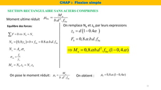 Moment ultime réduit 2
. .
u
bu
bu
M
b d f
 
 
0,8 0.8. . . .
b u bu bu
N y b f b d f

   
. .
u b b s b
M N z N z
 
2
0,8. . . .(1 0,4. )
u bu
M b d f
 
  
Equilibre des forces:
0 b s
F N N
  

.
s st s
N A 

e
su
s
f



On remplace Nb et zb par leurs expressions
 
1 0.4
b
z d 
 
0,8. . . .
b bu
F b d f


On pose le moment réduit: 2
. .
u
b
bu
M
b d f
  On obtient : 0,8. .(1 0,4 )
b
  
 
SECTION RECTANGULAIRE SANS ACIERS COMPRIMES
CHAP : Flexion simple
12
 