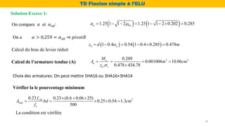    
1.25 1 1 2 1.25 1 1 2 0.202 0.285
u bu
 
       
On compare 𝛼 et 𝛼𝐴𝐵:
On a 𝛼 > 0,259 = 𝛼𝐴𝐵 ⇒ 𝑝𝑖𝑣𝑜𝑡𝐵
Calcul du bras de levier réduit
   
1 0.4 0.54 1 0.4 0.285 0.478
b u
z d m

     
Solution Exerce 1:
TD Flexion simple à l’ELU
Calcul de l’armature tendue (A)
2 2
0.209
0.001006 10.06
. 0.478 434.78
u
u
b s
M
A m cm
z 
   

Choix des armatures: On peut mettre 5HA16 ou 3HA16+3HA14
Vérifier la le pourcentage minimum
2
28
min
0.23 0.23 (0.6 0.06 25)
0.25 0.54 1.3
500
t
e
f
A bd cm
f
  
    
La condition est vérifiée
20
 