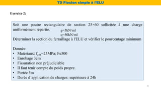 Soit une poutre rectangulaire de section 25×60 sollicitée à une charge
uniformément répartie.
Déterminer la section du ferraillage à l'ELU et vérifier le pourcentage minimum
Donnée:
• Matériaux: fc28=25MPa; Fe500
• Enrobage 3cm
• Fissuration non préjudiciable
• Il faut tenir compte du poids propre.
• Portée 5m
• Durée d’application de charges: supérieure à 24h
g=5kN/ml
q=50kN/ml
Exercice 2:
TD Flexion simple à l’ELU
26
 