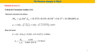 Solution Exerce 2:
TD Flexion simple à l’ELU
Calcul de l’armature tendue (A1)
2
1
0.384
21.86
. 0.404 434.78
R
st
b s
M
A cm
z 
  

Moment résistant du béton
2 2
. 0.372 0.25 0.54 14.17 0.384 .
R l bu
M bd f MN m

     
   
1.25 1 1 2 1.25 1 1 2 0.372 0.627
l l
 
       
   
1 0.4 0.54 1 0.4 0.627 0.404
l
Z d m

     
Bras de levier
29
 
