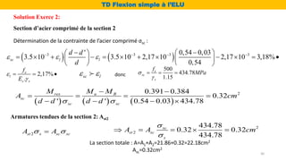 Section d’acier comprimé de la section 2
     
2
0.391 0.384
0.32
' ' 0.54 0.03 434.78
res u R
sc
sc sc
M M M
A cm
d d d d
 
 
   
   
Détermination de la contrainte de l’acier comprimé σsc :
Solution Exerce 2:
TD Flexion simple à l’ELU
Armatures tendues de la section 2: Ast2
2
st s sc sc
A A
 

2
2
434.78
0.32 0.32
434.78
sc
st sc
s
A A cm


    
La section totale : A=A1+A2=21.86+0.32=22.18cm2
Asc=0.32cm2
30
   
3 3 3 3
' 0,54 0,03
3.5 10 3.5 10 2,17 10 2,17 10 3,18%
0,54
sc l l
d d
d
  
   
 
 
 
           
   
   
2,17%
.
e
l
s s
f
E


   sc l
  donc
500
434.78
1.15
e
sc
s
f
MPa


  
 