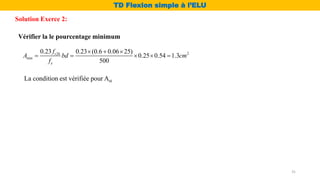 Vérifier la le pourcentage minimum
2
28
min
0.23 0.23 (0.6 0.06 25)
0.25 0.54 1.3
500
t
e
f
A bd cm
f
  
    
La condition est vérifiée pour Ast
Solution Exerce 2:
TD Flexion simple à l’ELU
31
 
