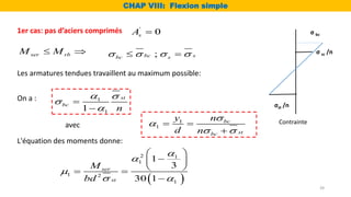 1er cas: pas d’aciers comprimés
Les armatures tendues travaillent au maximum possible:
;
bc s
bc s
   
 
On a : 1
1
1
st
bc
n
 




1
1
bc
st
bc
n
y
d n


 
 

avec
L'équation des moments donne:
 
2 1
1
1 2
1
1
3
30 1
ser
st
M
bd



 
 

 
 
 

CHAP VIII: Flexion simple
ser rb
M M
 
'
0
s
A 
39
σst /n
σ bc
σ sc /n
Contrainte
 
