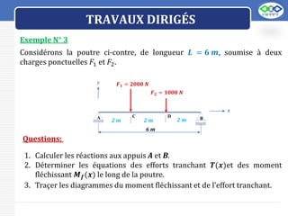 LOGO
TRAVAUX DIRIGÉS
Exemple N° 3
Considérons la poutre ci-contre, de longueur 𝑳 = 𝟔 𝒎, soumise à deux
charges ponctuelles 𝐹1 et 𝐹2.
Questions:
1. Calculer les réactions aux appuis A et B.
2. Déterminer les équations des efforts tranchant 𝑻(𝒙)et des moment
fléchissant 𝑴𝒇(𝒙) le long de la poutre.
3. Traçer les diagrammes du moment fléchissant et de l’effort tranchant.
2 m 2 m 2 m
6 m
𝑭𝟏 = 𝟐𝟎𝟎𝟎 𝑵
𝒙
B
A
𝑦
𝑭𝟐 = 𝟏𝟎𝟎𝟎 𝑵
C D
 