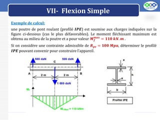 LOGO
VII- Flexion Simple
Exemple de calcul:
une poutre de pont roulant (profilé 𝑰𝑷𝑬) est soumise aux charges indiquées sur la
figure ci-dessous (cas le plus défavorables). Le moment fléchissant maximum est
obtenu au milieu de la poutre et a pour valeur 𝑴𝒇
𝒎𝒂𝒙
= 𝟏𝟏𝟎 𝒌𝑵. 𝒎 .
Si on considère une contrainte admissible de 𝑹𝒑𝒆 = 𝟏𝟎𝟎 𝑴𝒑𝒂, déterminer le profilé
𝑰𝑷𝑬 pouvant convenir pour construire l’appareil.
 