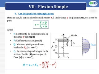 LOGO
VII- Flexion Simple
b. Cas des poutres rectangulaires:
Dans ce cas, la contrainte de cisaillement 𝝉, à la distance 𝒚 du plan neutre, est donnée
par :
𝝉 =
𝑻 × 𝑸
𝑰𝒛 × 𝒃
Avec:
• 𝝉: Contrainte de cisaillement à la
distance 𝒚 (en Mpa)
• 𝑻: L’effort tranchant (en N)
• 𝑸: Moment statique de l’aire
hachurée 𝑺𝑨(en 𝒎𝒎𝟑)
• 𝑰𝒛: Le moment quadratique de la
section droite (S) par rapport à
l’axe (z) (en 𝒎𝒎𝟒
)
𝑸 = 𝒚𝑨 × 𝑺𝑨 =
𝒃
𝟐
𝒉²
𝟒
− 𝒚²
𝝉𝒎𝒂𝒙
𝝉𝒎𝒂𝒙
 