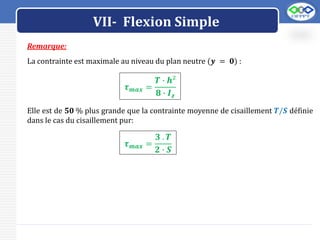 LOGO
VII- Flexion Simple
Remarque:
La contrainte est maximale au niveau du plan neutre (𝒚 = 𝟎) :
𝝉𝒎𝒂𝒙 =
𝑻 ∙ 𝒉²
𝟖 ∙ 𝑰𝒛
Elle est de 𝟓𝟎 % plus grande que la contrainte moyenne de cisaillement 𝑻/𝑺 définie
dans le cas du cisaillement pur:
𝝉𝒎𝒂𝒙 =
𝟑 . 𝑻
𝟐 ∙ 𝑺
 