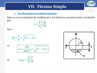 LOGO
VII- Flexion Simple
c. Cas des poutres circulaires pleines:
Dans ce cas, la contrainte de cisaillement 𝝉, à la distance 𝒚 du plan neutre, est donnée
par :
𝝉 =
𝑻 × 𝑸
𝑰𝒛 × 𝒃
Avec:
𝑸 =
𝟐
𝟑
×
𝟑
𝒓2 − 𝒚²
⇒
𝝉 =
𝟒 𝑻
𝟑 𝝅 𝒓²
× 𝒓2 − 𝒚²
𝝉𝒎𝒂𝒙 =
𝟒 . 𝑻
𝟑 ∙ 𝑺
et:
 