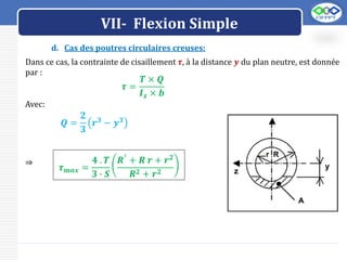 LOGO
VII- Flexion Simple
d. Cas des poutres circulaires creuses:
Dans ce cas, la contrainte de cisaillement 𝝉, à la distance 𝒚 du plan neutre, est donnée
par :
𝝉 =
𝑻 × 𝑸
𝑰𝒛 × 𝒃
Avec:
𝑸 =
𝟐
𝟑
𝒓𝟑 − 𝒚𝟑
⇒
𝝉𝒎𝒂𝒙 =
𝟒 . 𝑻
𝟑 ∙ 𝑺
𝑹²
+ 𝑹 𝒓 + 𝒓𝟐
𝑹𝟐 + 𝒓𝟐
 