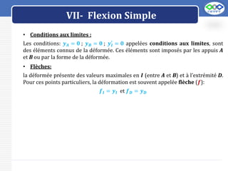 LOGO
VII- Flexion Simple
• Conditions aux limites :
Les conditions: 𝒚𝑨 = 𝟎 ; 𝒚𝑩 = 𝟎 ; 𝒚𝑰
′
= 𝟎 appelées conditions aux limites, sont
des éléments connus de la déformée. Ces éléments sont imposés par les appuis A
et B ou par la forme de la déformée.
• Flèches:
la déformée présente des valeurs maximales en 𝑰 (entre A et B) et à l’extrémité D.
Pour ces points particuliers, la déformation est souvent appelée flèche (𝒇):
𝒇𝑰 = 𝒚𝑰 et 𝒇𝑫 = 𝒚𝑫
 
