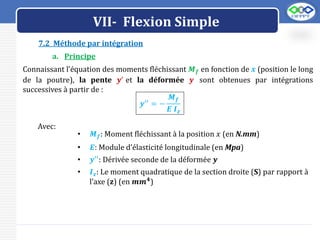 LOGO
VII- Flexion Simple
7.2 Méthode par intégration
a. Principe
Connaissant l’équation des moments fléchissant 𝑴𝒇 en fonction de 𝒙 (position le long
de la poutre), la pente 𝒚’ et la déformée 𝒚 sont obtenues par intégrations
successives à partir de :
𝒚′′
= −
𝑴𝒇
𝑬 𝑰𝒛
Avec:
• 𝑴𝒇: Moment fléchissant à la position 𝑥 (en N.mm)
• 𝑬: Module d’élasticité longitudinale (en Mpa)
• 𝒚′′
: Dérivée seconde de la déformée 𝒚
• 𝑰𝒛: Le moment quadratique de la section droite (S) par rapport à
l’axe (z) (en 𝒎𝒎𝟒
)
 