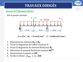 LOGO
TRAVAUX DIRIGÉS
Exercice N°5 (Examen 2011) :
Soit la poutre suivante :
1. Déterminer les réactions 𝑹𝑨 et 𝑹𝑩
2. Tracer le diagramme de l’effort tranchant T
3. Tracer le diagramme du moment fléchissant 𝑴𝒇
4. Déterminer le moment fléchissant maximal 𝑴𝒇
𝒎𝒂𝒙
5. Dimensionner la poutre en IPE
6. Vérifier la flèche : 𝒇𝒎𝒂𝒙 ≤ 𝑳 / 𝟐𝟎𝟎
Acier E24 (𝑹𝒆 = 𝟐𝟒 𝒅𝒂𝑵/𝒎𝒎𝟐
𝑬 = 𝟐𝟏𝟎𝟎𝟎 𝒅𝒂𝑵/𝒎𝒎²)
 