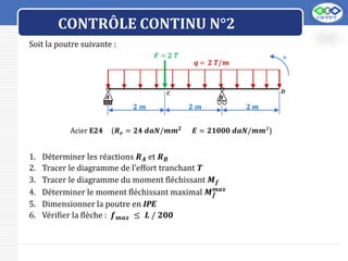 LOGO
CONTRÔLE CONTINU N°2
Soit la poutre suivante :
1. Déterminer les réactions 𝑹𝑨 et 𝑹𝑩
2. Tracer le diagramme de l’effort tranchant T
3. Tracer le diagramme du moment fléchissant 𝑴𝒇
4. Déterminer le moment fléchissant maximal 𝑴𝒇
𝒎𝒂𝒙
5. Dimensionner la poutre en IPE
6. Vérifier la flèche : 𝒇𝒎𝒂𝒙 ≤ 𝑳 / 𝟐𝟎𝟎
Acier E24 (𝑹𝒆 = 𝟐𝟒 𝒅𝒂𝑵/𝒎𝒎𝟐
𝑬 = 𝟐𝟏𝟎𝟎𝟎 𝒅𝒂𝑵/𝒎𝒎²)
 