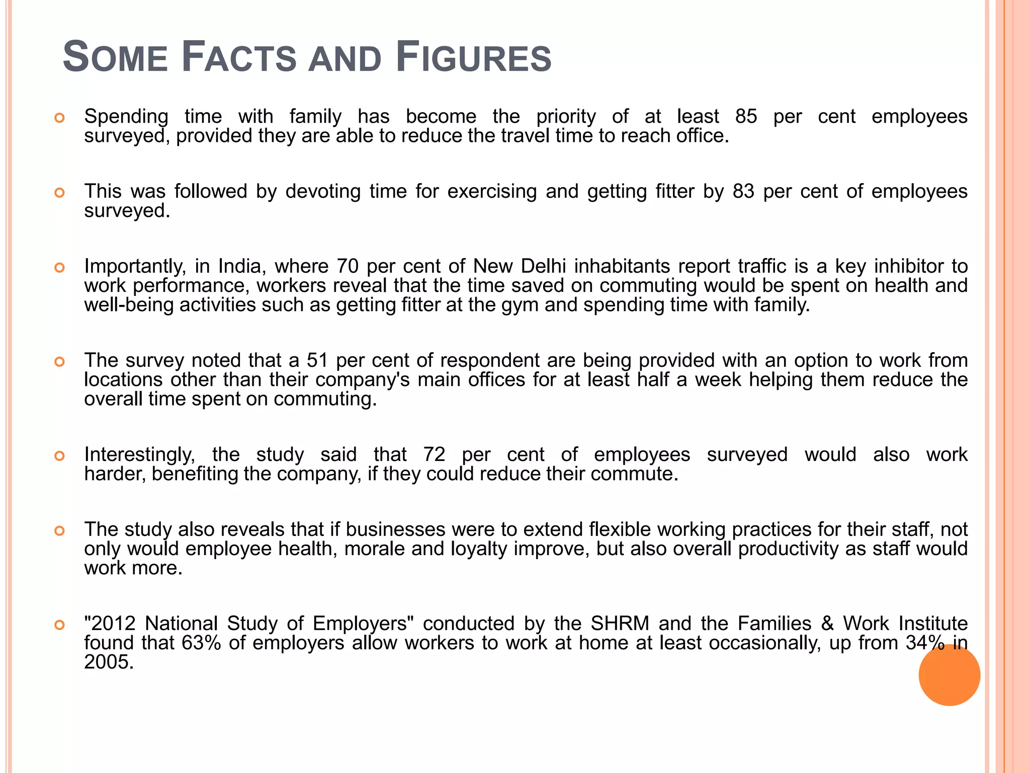 SOME FACTS AND FIGURES


Spending time with family has become the priority of at least 85 per cent employees
surveyed, provided they are able to reduce the travel time to reach office.



This was followed by devoting time for exercising and getting fitter by 83 per cent of employees
surveyed.



Importantly, in India, where 70 per cent of New Delhi inhabitants report traffic is a key inhibitor to
work performance, workers reveal that the time saved on commuting would be spent on health and
well-being activities such as getting fitter at the gym and spending time with family.



The survey noted that a 51 per cent of respondent are being provided with an option to work from
locations other than their company's main offices for at least half a week helping them reduce the
overall time spent on commuting.



Interestingly, the study said that 72 per cent of employees surveyed would also work
harder, benefiting the company, if they could reduce their commute.



The study also reveals that if businesses were to extend flexible working practices for their staff, not
only would employee health, morale and loyalty improve, but also overall productivity as staff would
work more.



"2012 National Study of Employers" conducted by the SHRM and the Families & Work Institute
found that 63% of employers allow workers to work at home at least occasionally, up from 34% in
2005.

 