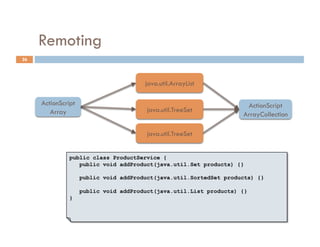 Remoting
26




                                       java.util.ArrayList

     ActionScript                                                    ActionScript
        Array                           java.util.TreeSet
                                                                    ArrayCollection

                                        java.util.TreeSet


              public class ProductService {
                 public void addProduct(java.util.Set products) {}

                    public void addProduct(java.util.SortedSet products) {}

                    public void addProduct(java.util.List products) {}
              }
 