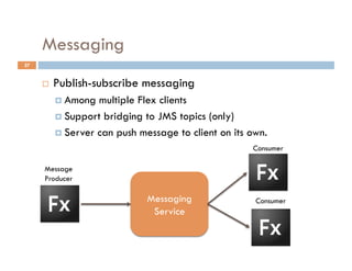 Messaging
27


         Publish-subscribe messaging
            Among  multiple Flex clients
            Support bridging to JMS topics (only)

            Server can push message to client on its own.
                                                      Consumer

     Message
     Producer

                              Messaging                Consumer
                               Service
 