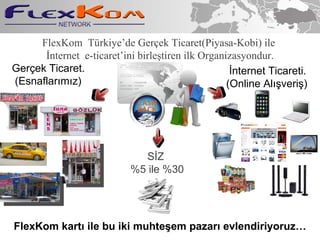 FlexKom  Trkiyede Ger?ek Ticaret(Piyasa-Kobi) ile  ?nternet  e-ticaretini birle?tiren ilk Organizasyondur. FlexKom kart? ile bu iki muhte?em pazar? evlendiriyoruz ?nternet Ticareti. (Online Al??veri?) Ger?ek Ticaret. (Esnaflar?m?z) S?Z  %5 ile %30 
