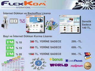 İnternet Dükkan ve Backoffice Lisansı Bayi ve İnternet Dükkan Kurma Lisansı 1695 TL. YERİNE SADECE  990.- TL. % 10 % 15 % 20 899 TL. YERİNE SADECE  699.- TL. 399 TL. YERİNE SADECE  299.- TL. Senelik Sadece 149 TL. 
