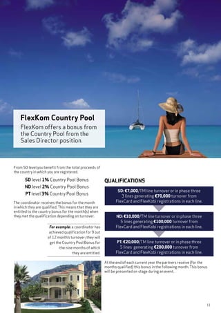 11
At the end of each current year the partners receive (for the
months qualified) this bonus in the following month. This bonus
will be presented on stage during an event.
QUALIFICATIONS
SD: €7,000/TM line turnover or in phase three
3 lines generating €70,000 turnover from
FlexCard and FlexKobi registrations in each line.
ND: €10,000/TM line turnover or in phase three
5 lines generating €100,000 turnover from
FlexCard and FlexKobi registrations in each line.
PT: €20,000/TM line turnover or in phase three
5 lines generating €200,000 turnover from
FlexCard and FlexKobi registrations in each line.
From SD level you benefit from the total proceeds of
the country in which you are registered.
SD level 1% Country Pool Bonus
ND level 2% Country Pool Bonus
PT level 3% Country Pool Bonus
The coordinator receives the bonus for the month
in which they are qualified. This means that they are
entitled to the country bonus for the month(s) when
they met the qualification depending on turnover.
FlexKom Country Pool
FlexKom offers a bonus from
the Country Pool from the
Sales Director position.
For example: a coordinator has
achieved qualification for 9 out
of 12 month’s turnover; they will
get the Country Pool Bonus for
the nine months of which
they are entitled.
11
 