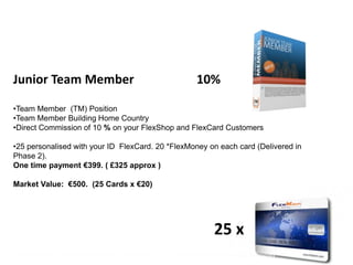 Junior Team Member                                                   10%

•Team Member (TM) Position
•Team Member Building Home Country
•Direct Commission of 10 % on your FlexShop and FlexCard Customers

•25 personalised with your ID FlexCard. 20 *FlexMoney on each card (Delivered in
Phase 2).
One time payment €399. ( £325 approx )

Market Value: €500. (25 Cards x €20)




                                                                            25 x
*die 20 Flexmoney werden freigeschalten nach erreichen eines Gesamtkartenguthabens von 200 Flexmoney
 