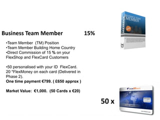 Business Team Member                                              15%
 •Team Member (TM) Position
 •Team Member Building Home Country
 •Direct Commission of 15 % on your
 FlexShop and FlexCard Customers

 •50 personalised with your ID FlexCard.
 20 *FlexMoney on each card (Delivered in
 Phase 2).
 One time payment €799. ( £650 approx )

 Market Value: €1,000. (50 Cards x €20)

                                                                                50 x
 *die 20 Flexmoney werden freigeschalten nach erreichen eines Gesamtkartenguthabens von 200 Flexmoney
 