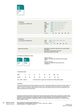 1100
 r+




   ADHESION                                                             steel             I 34 I - - - - I - - - - I - - - - I - - - - I - - - -
   in accordance to AFERA 4001                                          aluminium         I 30 I - - - - I - - - - I - - - - I - - - - l
                                                                        glass             I 28 I - - - - I - - - - I - - - - I - - -
                                                                        PMMA              I 29 I - - - - I - - - - I - - - - I - - - -
                                                                        PVC               I 28 I - - - - I - - - - I - - - - I - - -
                                                                        PP                I 22 I - - - - I - - - - I - -
                                                                        PE                I 13 I - -
                                                                        N / 25mm                10        15        20        25        30         35




   COHESION
   in accordance to AFERA 4012                                          20º C        I 45 I - - - - I - - - - I - - - - I - - - - I - -
                                                                        70º C        I 10 I - - - - I
                                                                        N / 625mm2         0         10        20        30        40     50




   MAIN APPLICATION                                                    Mounting of construction elements onto rough surfaces
                                                                       z.B. plaster
                                                                       Mounting of small devices and hooks
                                                                       Mounting of cable duct tunnels


ALTERNATIVE ADHESIVE TAPES
                                                                        flexlink 1100r+;si
                                                                        Variation on double-face siliconized silicone paper,
                                                                        white
                                                                        flexlink 1100r+,pet
 1100              1100                                                 Variation on double-face siliconized PE film,
 r+;si             r+;pet                                               transparent




STANDARD SIZES

Width               6          9           12            19           25             50           560          mm

Length              50         25           25           25            25            25              25        mtr.

max. width : 560 mm                      other dimensions, spools, die-cutting parts or sheets please asked


STORAGE
This product should be stored at ambient temperatures of around 20° avoiding wide temperature fluctuations and direct sunlight. The
                                                                    C,
storage environment should have a relative humidity of approx. 50%. In ideal storage conditions, the shelf life of this material will be
approx. 12 months from the delivery date. Within this 12 month period, when stored correctly, there should be no deterioration of the
products published performance specification.




All data above mentioned and technical information given above are typical values, gained from tests we believe to be reliable. Please
ensure before using our product that it is suitabe for the material for intend application. For technical assistance please call our product
specialists. The data and statements are intented as asource of information, are given without gurantee and do not constitute a
warranty. They can vary according to the application conditions. All materials described herein are subject to our conditions of sale, a
copy is available on request.


Biolink, Gesellschaft für Verbindungstechnologien mbH
Jeschkenstraße 20 · 82538 Geretsried, Telefon 08171. 9396-0 · Telefax 08171. 9396-26
www.biolink-tapes.com · info@biolink-tapes.com                                                                                        Seite 2 von 2
                                                                                                                               version 01/ 29.08.06
 