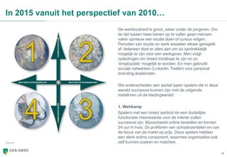 16
In 2015 vanuit het perspectief van 2010…
Source:
De werkloosheid is groot, zeker onder de jongeren. Om
de tijd tussen twee banen op te vullen gaan mensen
vaker opnieuw een studie doen of cursus volgen.
Perioden van studie en werk wisselen elkaar geregeld
af. Iedereen doet er alles aan om zo aantrekkelijk
mogelijk te zijn voor een werkgever. Men volgt
opleidingen om breed inzetbaar te zijn en zo
‘employable’ mogelijk te worden. En men gebruikt
sociale netwerken (Linkedin, Twitter) voor personal
branding doeleinden.
We onderscheiden een aantal typen spelers die in deze
wereld succesvol kunnen zijn met de volgende
metaforen uit de kledingwereld:
1. Wehkamp
Spelers met een breed aanbod én een duidelijke
functionele meerwaarde voor de inlener zullen
succesvol zijn. Bijvoorbeeld online bestellen en binnen
24 uur in huis. Ze profiteren van schaalvoordelen en van
de focus van de markt op prijs. Deze spelers hebben
een sterk online component, waarmee organisaties ook
zelf kunnen zoeken en matchen.
 