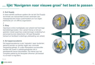 17
… lijkt ‘Navigeren naar nieuwe groei’ het best te passen
Source:
2. Suit Supply
In deze wereld overleven spelers die net als Suit Supply
de emotie van exclusiviteit kunnen verbinden aan
massaproductie (mass customization) en hun eigen
distributie (on- en offline) organiseren.
ƒ
3. Ebay
Openbare online marktplaats voor arbeid met heel lage
bemiddelings-kosten. Een variant hierop is het een
gesloten model waarmee ondernemingen onderling hun
personeel kunnen detacheren. Dit type flexspeler
beheert en faciliteert onderlinge uitwisseling van arbeid.
4. De kappersacademie
De kappersacademie is een ‘kapsalon’ waar studenten
getraind worden en klanten tegen een minimale
vergoeding gekapt. Er zullen flexspelers succesvoller
worden die zowel in opleidingstrajecten als in
gerelateerde banen bemiddelen. De inlener kan het
complete pakket bij de flexspeler afnemen (dit bestaat
nu al maar is nog klein).
 