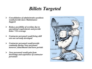 Billets Targeted Consolidation of administrative positions would provide more Maintenance Support Reduce possibility of overtime due to operational requirements and provide better 7/24 coverage Contractor personnel would bring skill sets not currently developed Contractor personnel would provide continuity during Navy personnel turnover, detachments and leave periods Navy personnel would gain from knowledge and experience of contractor personnel 