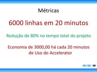 Métricas6000 linhas em 20 minutosRedução de 80% no tempo total do projetoEconomia de 3000,00 há cada 20 minutos de Uso do Accelerator