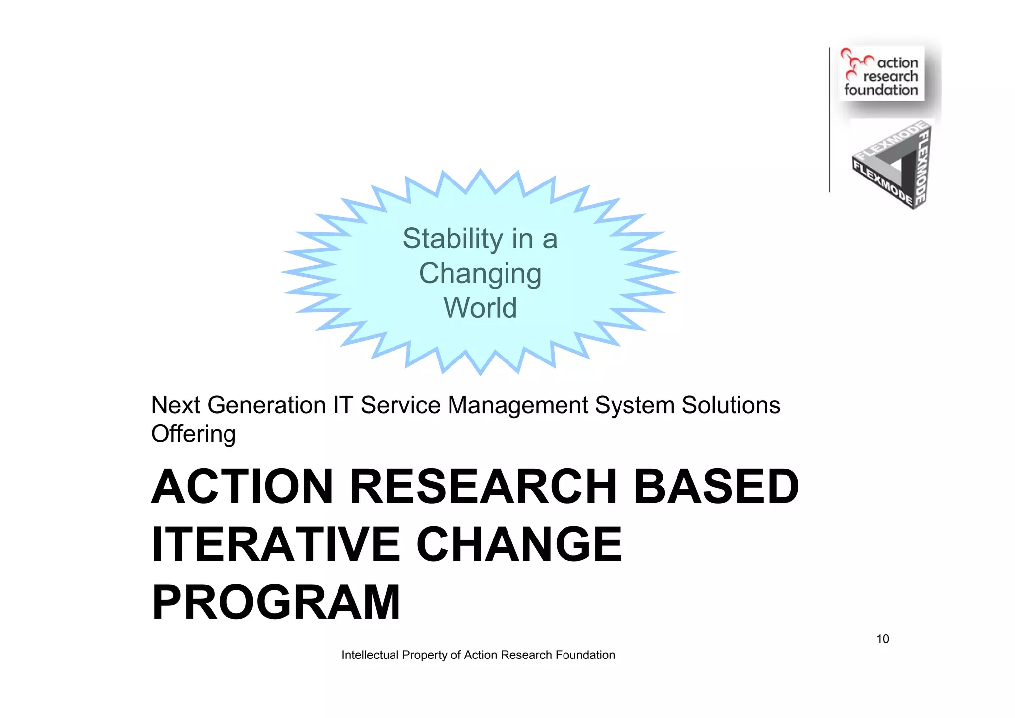 ACTION RESEARCH BASED
ITERATIVE CHANGE
PROGRAM
Next Generation IT Service Management System Solutions
Offering
Stability in a
Changing
World
Stability in a
Changing
World
Intellectual Property of Action Research Foundation
10
 