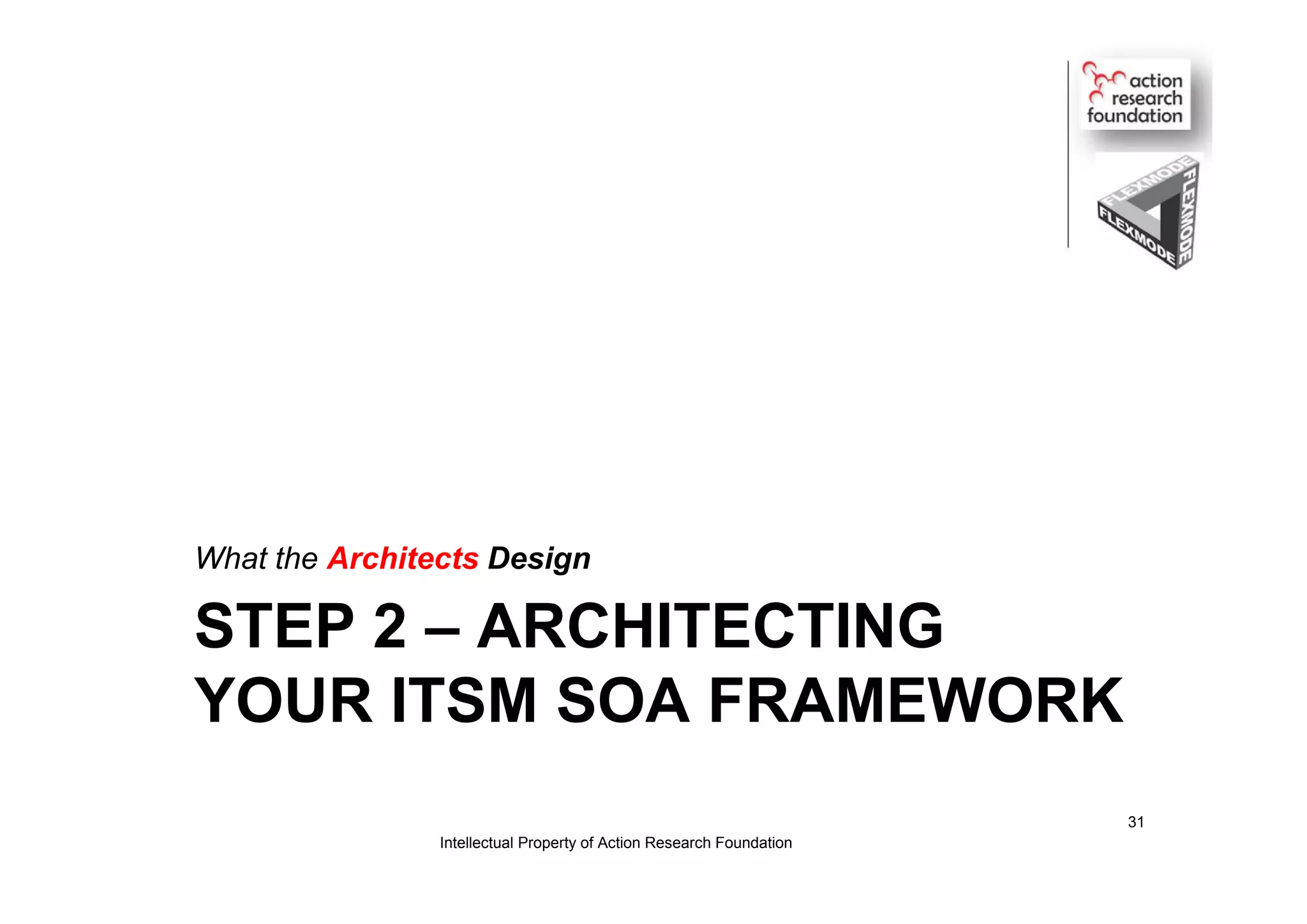 STEP 2 – ARCHITECTING
YOUR ITSM SOA FRAMEWORK
What the Architects Design
Intellectual Property of Action Research Foundation
31
 