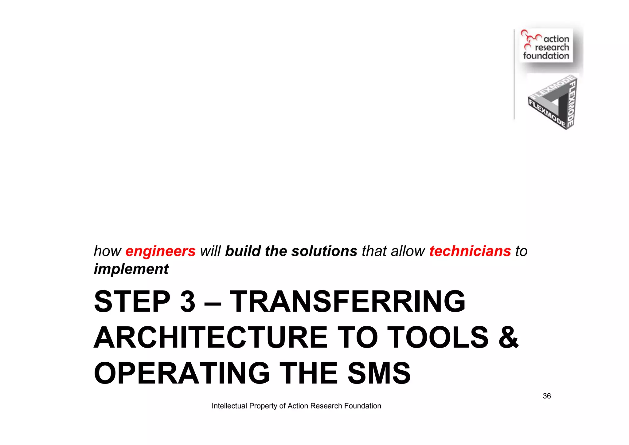 STEP 3 – TRANSFERRING
ARCHITECTURE TO TOOLS &
OPERATING THE SMS
how engineers will build the solutions that allow technicians to
implement
Intellectual Property of Action Research Foundation
36
 