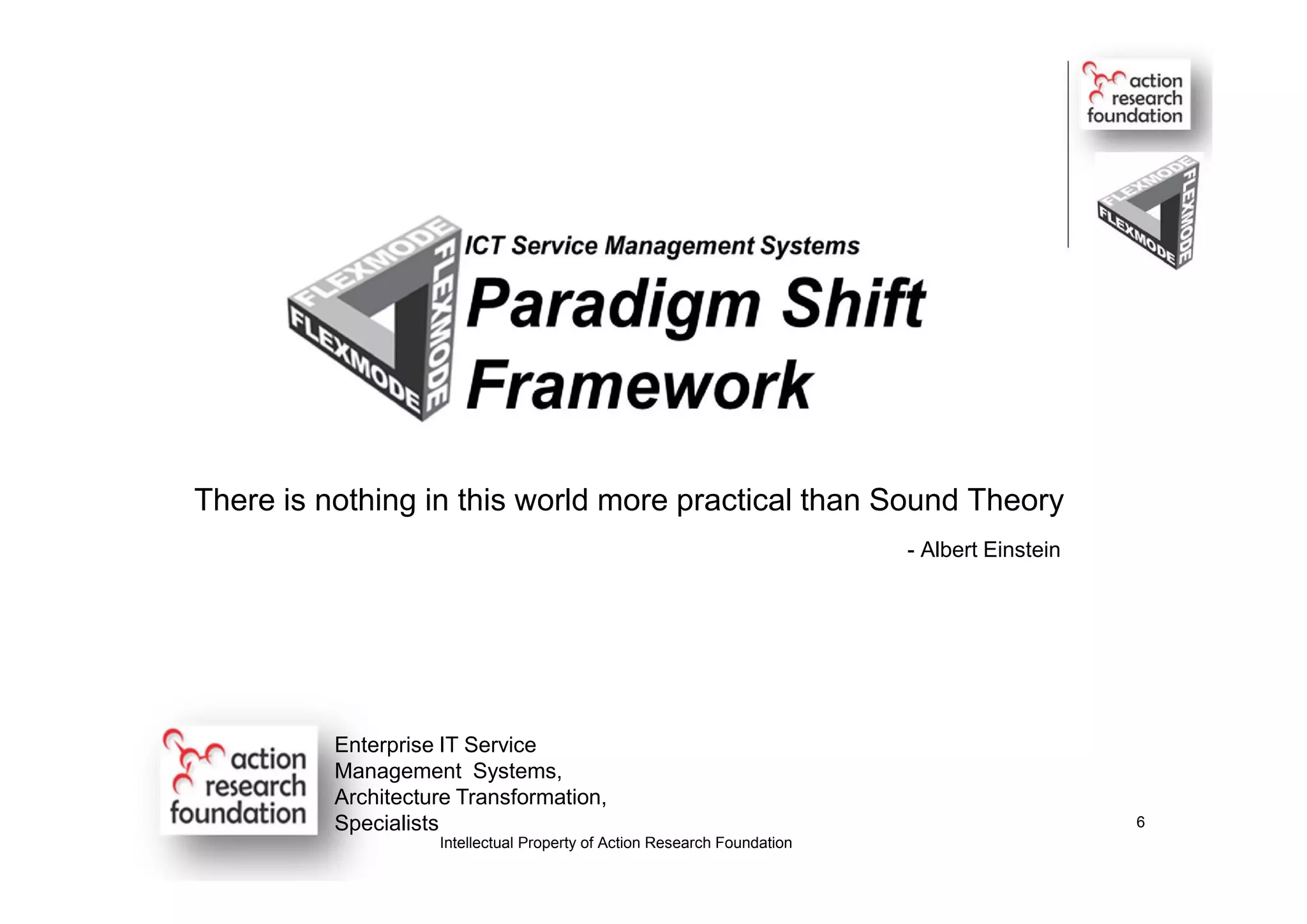 There is nothing in this world more practical than Sound Theory
- Albert Einstein
Enterprise IT Service
Management Systems,
Architecture Transformation,
Specialists
Intellectual Property of Action Research Foundation
6
 