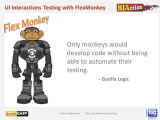 Only monkeys would develop code without being able to automate their testing.  - Gorilla Logic *  Twitter: ArulKumaran  *  Blog: shockwave-india.com/blog  * 