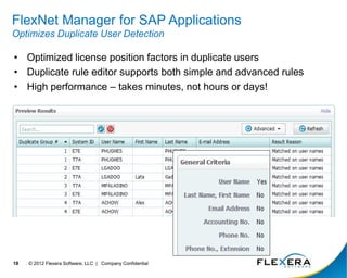 © 2012 Flexera Software, LLC | Company Confidential
18
FlexNet Manager for SAP Applications
Optimizes Duplicate User Detection
• Optimized license position factors in duplicate users
• Duplicate rule editor supports both simple and advanced rules
• High performance – takes minutes, not hours or days!
 