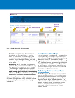 •	Downgrade—the right to use an older version of the
software than the version purchased. It’s important
to track the application of downgrade rights so that
the organization has an accurate picture of its license
compliance position; the number of installs of the older
version may be larger than the number of licenses owned
for that version.
•	Non-production use—in some cases, VMware license
agreements allow the installation of more than one copy
of an application for non-production use. For example,
2 additional installs of vCenter Application Discovery
Manager are allowed for Development use. In this case,
FlexNet Manager Platform provides an Exemption feature
that can be used to flag these installations so they are not
counted in the VMware license consumption calculation.
FlexNet Manager for VMware enables organizations to
calculate an optimized license position for VMware software
products—reducing license consumption and ongoing
software costs.
License Simulations – ‘What If’ Analysis
FlexNet Manager for VMware provides a license simulation
capability that allows organizations to assess the impact
of IT environment changes on VMware licensing, including
the financial impact. This powerful feature enables
organizations to determine in advance what the impact will
be if they make changes to the hardware such as adding or
removing processors, or installing a new software product.
By performing this ‘’What If’ analysis, organizations can
proactively determine budget impact and make informed
decisions on changes to the environment.
FlexNet Manager for VMware Automates VMware
License Management
FlexNet Manager for VMware reports license compliance
and over-licensed conditions for VMware software. It also
helps organizations manage VMware licensing contracts
by utilizing the Contract Management features in FlexNet
Manager Platform. FlexNet Manager for VMware is the
only Software License Optimization solution that automates
VMware license and contract management to maintain
continuous license compliance and reduce license,
maintenance and software audit costs for VMware
software products.
Figure 3: FlexNet Manager for VMware Inventory
 