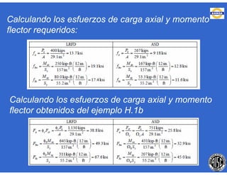 Calculando los esfuerzos de carga axial y momento
flector requeridos:
Calculando los esfuerzos de carga axial y momento
flector obtenidos del ejemplo H.1b
 