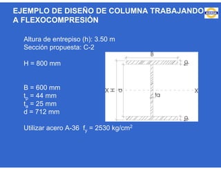 EJEMPLO DE DISEÑO DE COLUMNA TRABAJANDO
A FLEXOCOMPRESIÓN
Altura de entrepiso (h): 3.50 m
Sección propuesta: C-2
H = 800 mm
B = 600 mm
tp = 44 mm
ta = 25 mm
d = 712 mm
Utilizar acero A-36 fy = 2530 kg/cm2
 