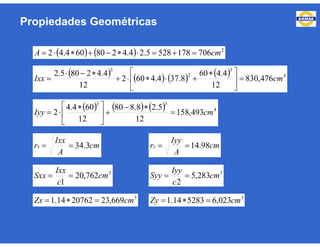 Propiedades Geométricas
    2
7061785285.24.4280604.42 cmA 
        4
3
2
3
476,830
12
4.460
8.374.4602
12
4.42805.2
cmIxx 




 



      4
33
493,158
12
5.28.880
12
604.4
2 cmIyy 






 

cm
A
Ixx
rx 3.34 cm
A
Iyy
ry 98.14
3
762,20
1
cm
c
Ixx
Sxx  3
283,5
2
cm
c
Iyy
Syy 
3
669,232076214.1 cmZx  3
023,6528314.1 cmZy 
 