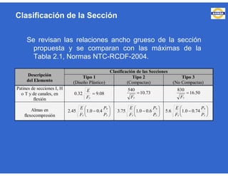 Clasificación de la Sección
Se revisan las relaciones ancho grueso de la sección
propuesta y se comparan con las máximas de la
Tabla 2.1, Normas NTC-RCDF-2004.
Clasificación de las Secciones
Descripción
del Elemento
Tipo 1
(Diseño Plástico)
Tipo 2
(Compactas)
Tipo 3
(No Compactas)
Patines de secciones I, H
o T y de canales, en
flexión
08.932.0 
yF
E 73.10
540

yF
50.16
830

yF
Almas en
flexocompresión







y
u
y P
P
F
E
4.00.145.2 






y
u
y P
P
F
E
6.00.175.3 






y
u
y P
P
F
E
74.00.16.5
 