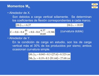 • Alrededor de X.
Son debidos a carga vertical sólamente. Se determinan
los coeficientes de flexión correspondientes a cada marco.
(curvatura doble)
• Alrededor de Y.
En la condición de carga en estudio, son los de carga
vertical más el 30% de los producidos por sismo; ambos
ocasionan curvatura simple.
Momentos Mti.
    05.1037.6 infsup  xtixti MM
346.0
05.10
37.6
4.06.04.06.0
2
1

M
M
Cx
   
    t.m68.2764.913.019.0M
t.m323.86.273.0043.0
infti
sup
y 
ytiM
 