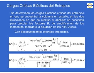 Se determinan las cargas elásticas críticas del entrepiso
en que se encuentra la columna en estudio, en las dos
direcciones en que se efectúa el análisis; se necesitan
para calcular los factores B2 de amplificación de los
momentos, mediante la ecuación de las NTC-Acero.
Con desplazamientos laterales impedidos.
  ton020,145
kg1000
ton1
cm3.34
cm35097.0
cm
kg
000,039,2cm706
2
2
22
2
2












 













 



r
LK
EA
tP iEx
  ton699,33
kg1000
ton1
0.15
35088.0
cm
kg
000,039,2cm706
2
2
22
2
2












 













 



r
LK
EA
tP iEy
Cargas Críticas Elásticas del Entrepiso
 