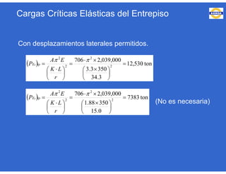 Con desplazamientos laterales permitidos.
(No es necesaria)
  ton530,12
3.34
3503.3
000,039,2706
2
2
2
2






 







 


r
LK
EA
P tpEx
  ton7383
0.15
35088.1
000,039,2706
2
2
2
2






 







 


r
LK
EA
P tpEy
Cargas Críticas Elásticas del Entrepiso
 