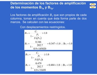 Los factores de amplificación B1 que son propios de cada
columna, toman en cuenta que ésta forma parte de dos
marcos. Se calculan con las ecuaciones:
Con desplazamientos restringidos.
Determinación de los factores de amplificación
de los momentos B1x y B1y.
 
1.0B0.1347.0
1450209.0
7.282
1
346.0
0.1
1
1x
1







ix
exR
u
x
x
B
PF
P
C
B
 
1.0B0.1484.0
336999.0
7.282
1
479.0
0.1
1
1y
1







iy
ieyR
u
y
y
B
tPF
P
C
B
 