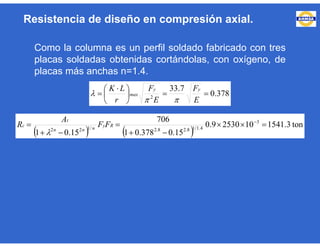 Como la columna es un perfil soldado fabricado con tres
placas soldadas obtenidas cortándolas, con oxígeno, de
placas más anchas n=1.4.
378.0
7.33
2





 

E
F
E
F
r
LK yy
max


   
ton3.15411025309.0
15.0378.01
706
15.01
3
4.1/18.28.2/122




 
Ry
nnn
t
c FF
A
R

Resistencia de diseño en compresión axial.
 