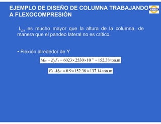 Lpx es mucho mayor que la altura de la columna, de
manera que el pandeo lateral no es crítico.
• Flexión alrededor de Y
ton.m38.1521025306023 6
 
ypy ZyFM
ton.m14.13738.1529.0  pYR MF
EJEMPLO DE DISEÑO DE COLUMNA TRABAJANDO
A FLEXOCOMPRESIÓN
 