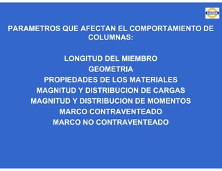 PARAMETROS QUE AFECTAN EL COMPORTAMIENTO DE
COLUMNAS:
LONGITUD DEL MIEMBRO
GEOMETRIA
PROPIEDADES DE LOS MATERIALES
MAGNITUD Y DISTRIBUCION DE CARGAS
MAGNITUD Y DISTRIBUCION DE MOMENTOS
MARCO CONTRAVENTEADO
MARCO NO CONTRAVENTEADO
 